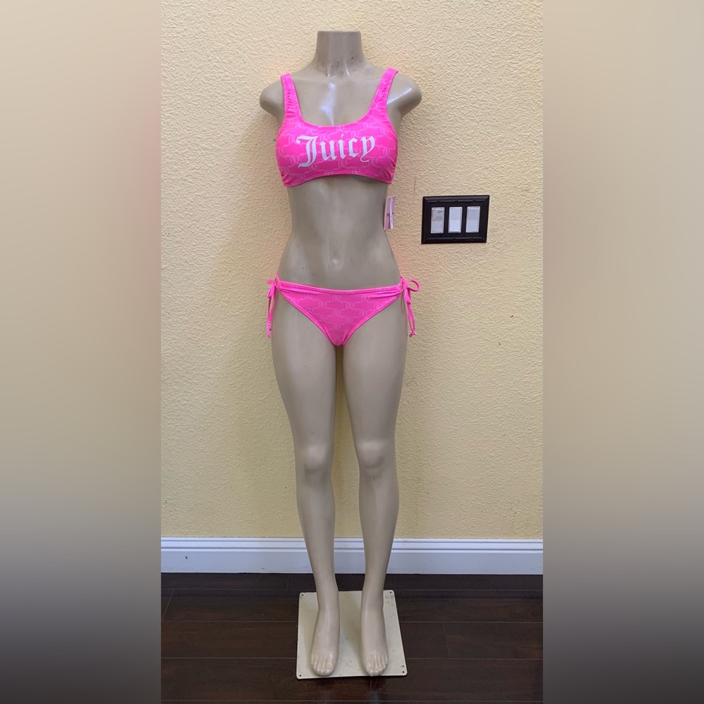 NWT Juicy Couture Size Medium Hot Pink Bralette & Side Tie Bottom 2pc Bikini Set